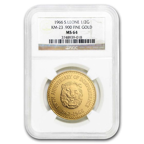 1966 Sierra Leone Gold 1/2 Golde Lion Head MS-64 NGC 1966 Sierra Leone Gold 1/2 Golde Lion Head MS-64 NGC
